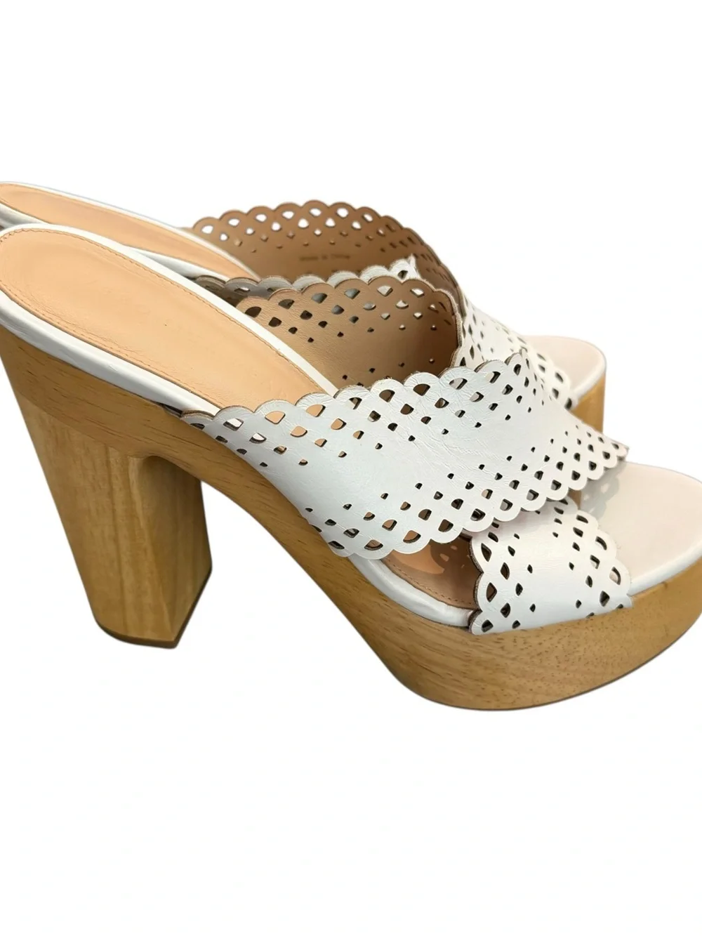 Veronica Beard Gaynor White Scalloped Leather Platform Mule with Wood Heel Clogs